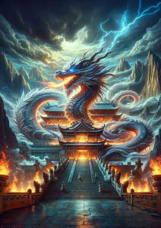 Celestial Dragon coiled around an ancient mystical temple | Poster