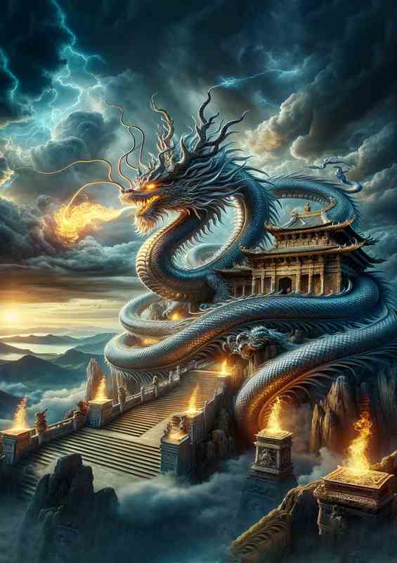 Epic Celestial Dragon Guarding Ancient Temple | Canvas