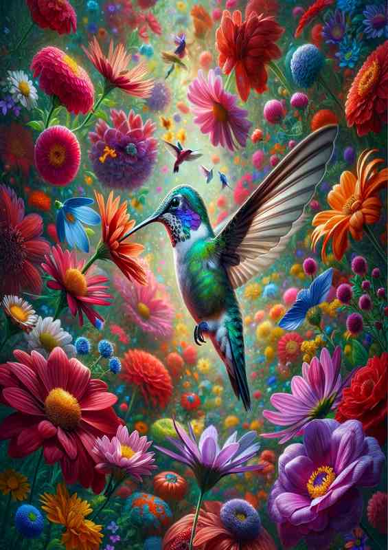Hummingbird Floral Haven with Burst of Flowers Canvas