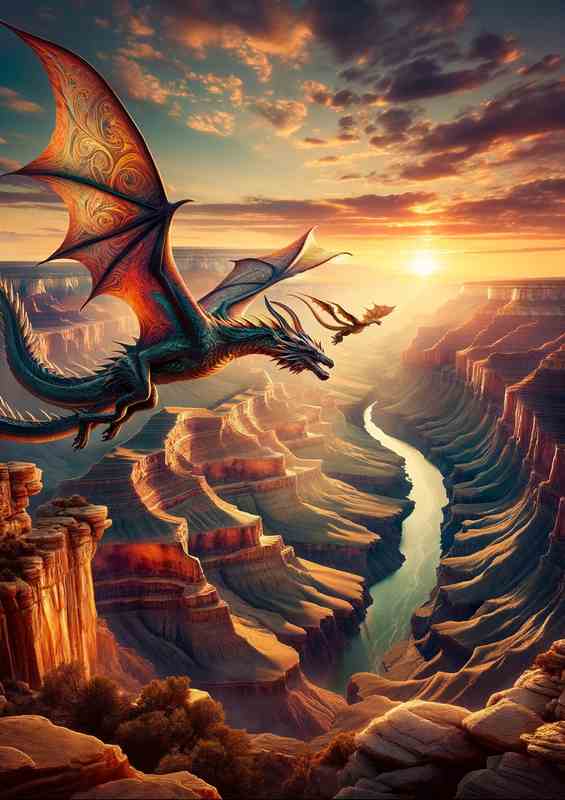 Majestic Canyon Dragons soar above a grand canyon | Poster