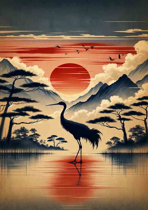Majestic Crane Silhouette Asian Sunrise | Poster
