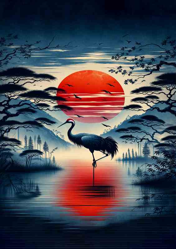 Majestic Crane Silhouette Asian Sunrise Elegance | Di-Bond