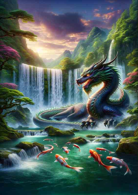 Majestic Dragon Falls perched beside a waterfall Japanese | Poster