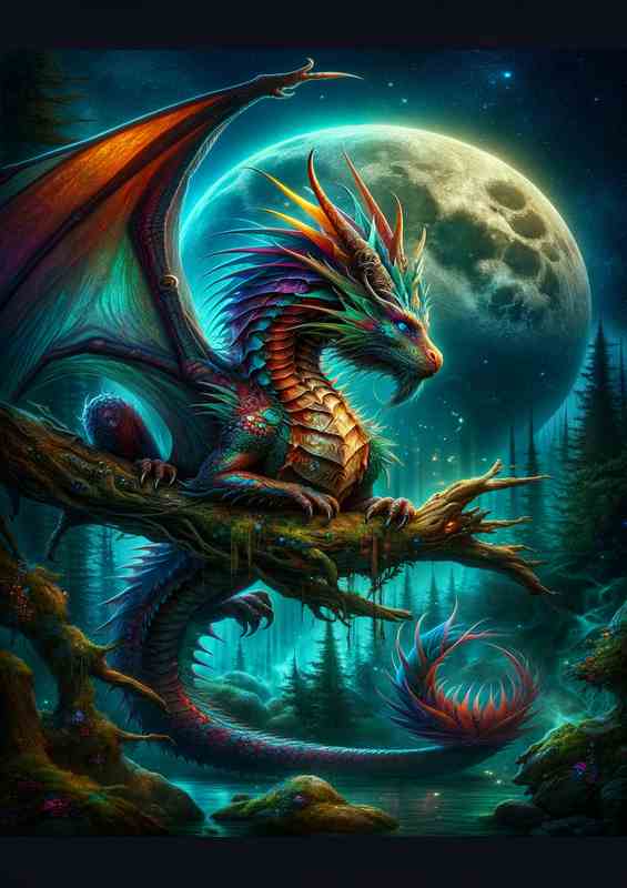 Mystical Dragon Perched in Moonlit Realm | Poster