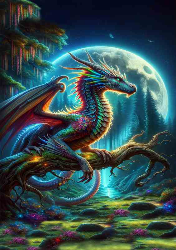 Mystical Dragon Perched in Moonlit sky at night | Canvas