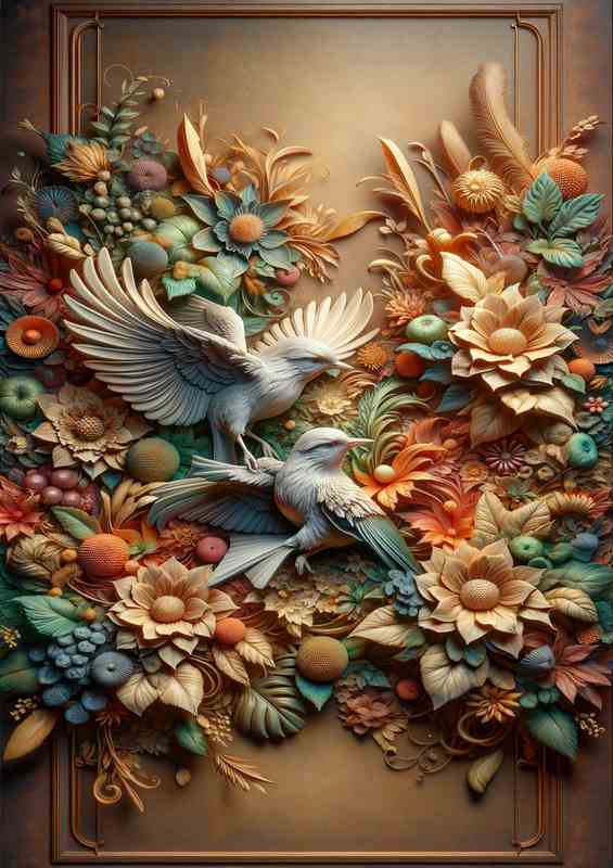 Sculpted Bird Elegance Botanical Art Extravaganza | Metal Poster