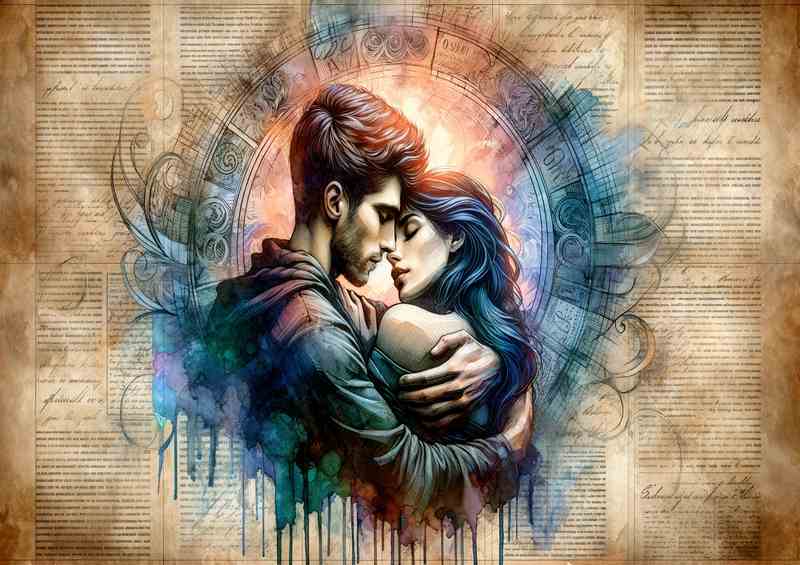 Lovers Romantic Embrace Watercolor Newspaper Background | Di-Bond