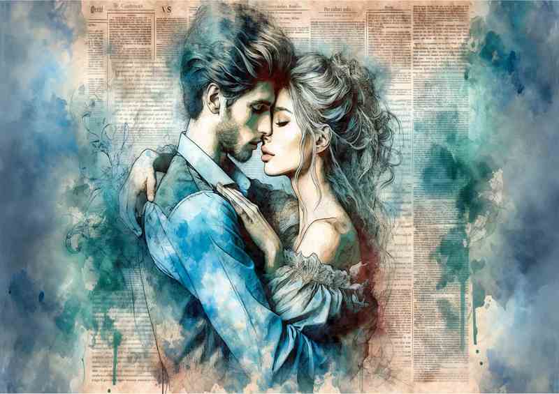 The Romantic Embrace Watercolor Newspaper Background | Canvas