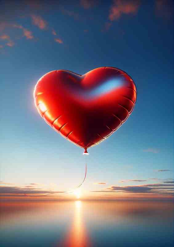 Love Ascends red heart shaped balloon floating gracefully | Poster