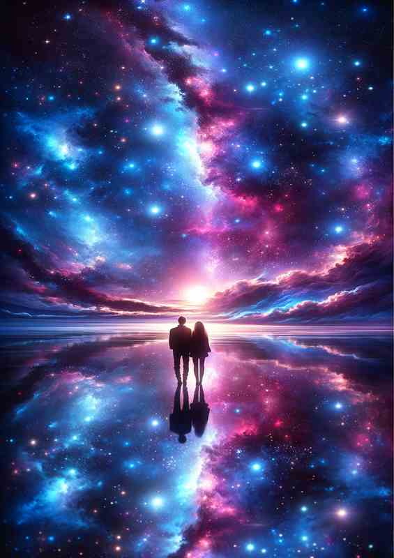 Stargazing Couple Cosmic Dreamscape Art | Metal Poster