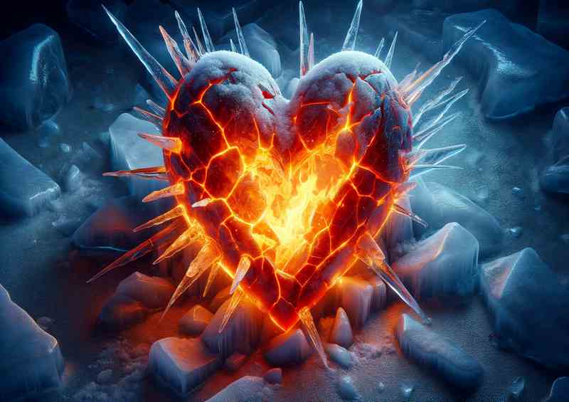 Fiery Love Ice-Encased Heart Metal Poster
