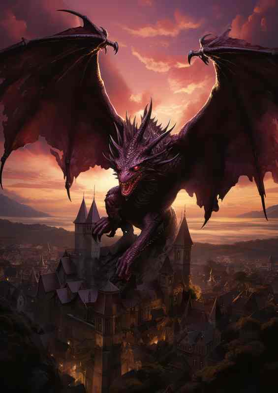 A Dragon flying high over the town and castle | Poster