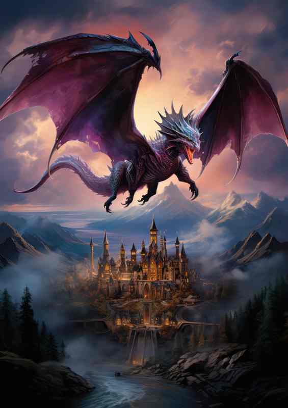 A blue dragon flying over a castle | Poster