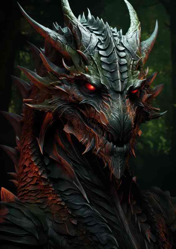 A green and red dragon with fanged teeth | Poster