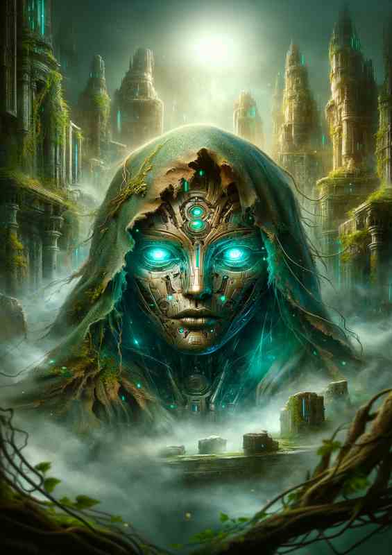 Ethereal Android Visage in Ancient City mystical android face | Poster