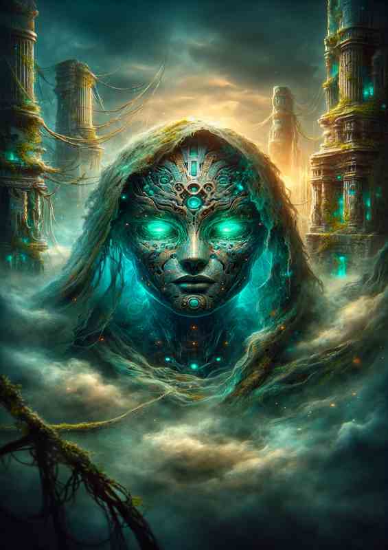 Ethereal Android Visage in Ancient City | Metal Poster