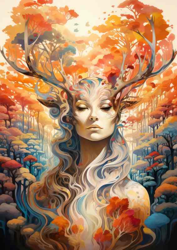 A woman with large horns in the autumn | Poster