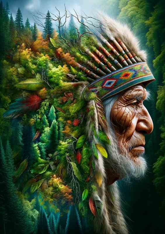 Visionary Forest Elder an indigenous elder with a headdress | Poster