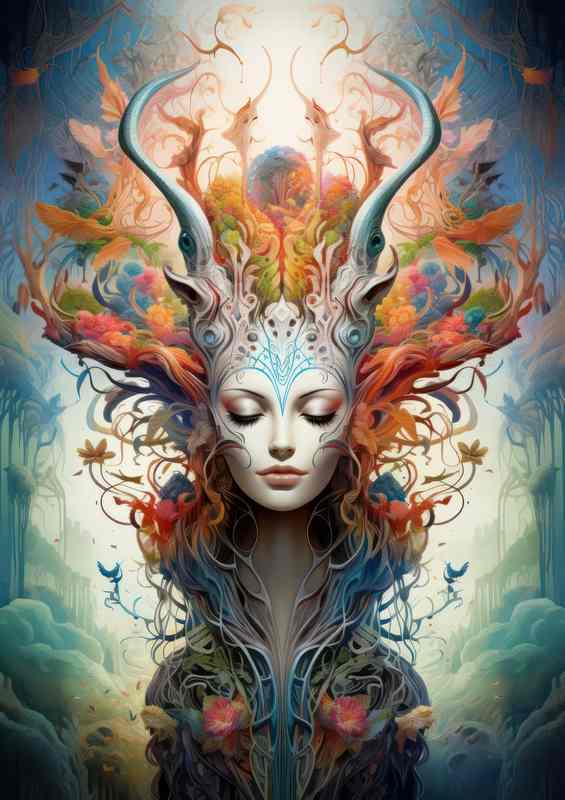 A woman with mythical horns on her head with great colours | Di-Bond