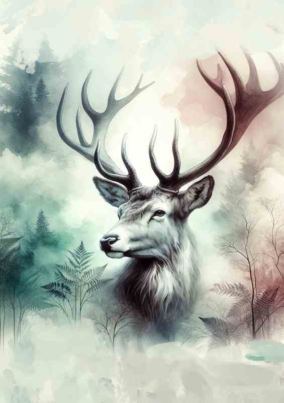 Elegant Deer Stag Ethereal Forest Art | Poster