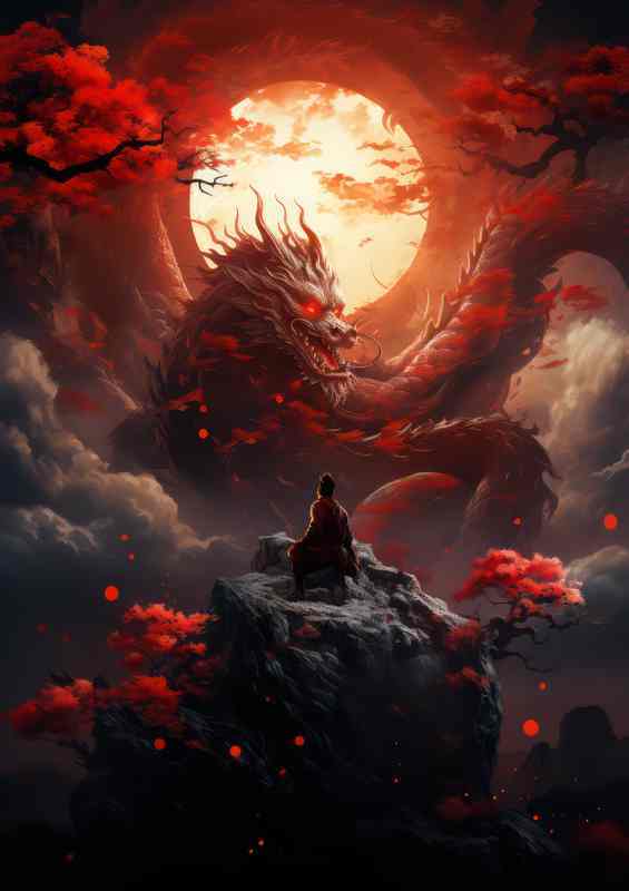 Buddha sitting on the edge of a cliff with a giant dragon | Poster