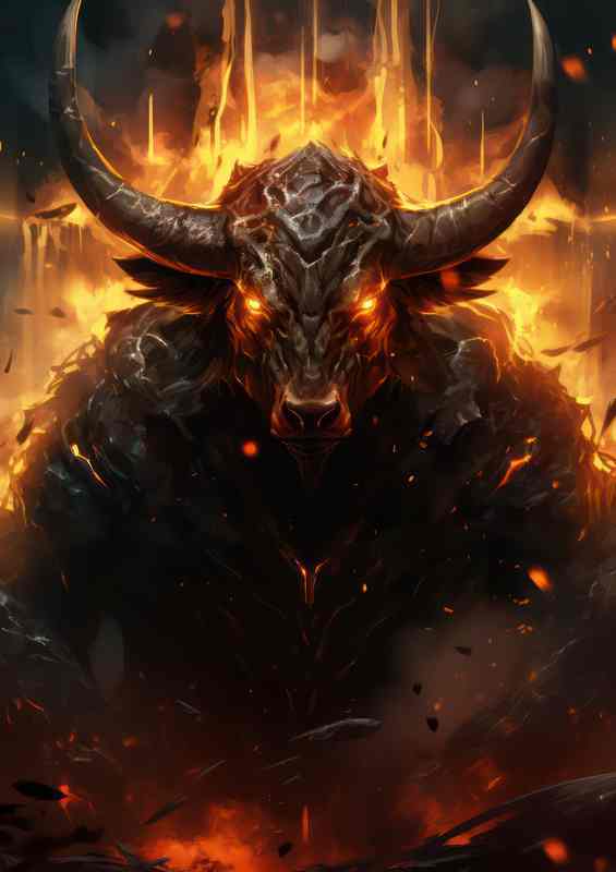 Bull in a fantasy battle red firey eyes | Di-Bond