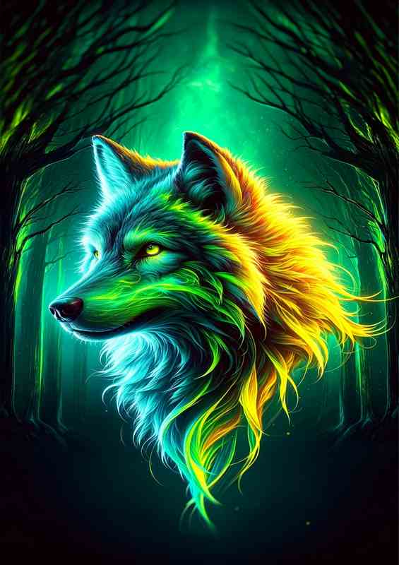 A Wolfs head contrasting with a dark forest | Di-Bond