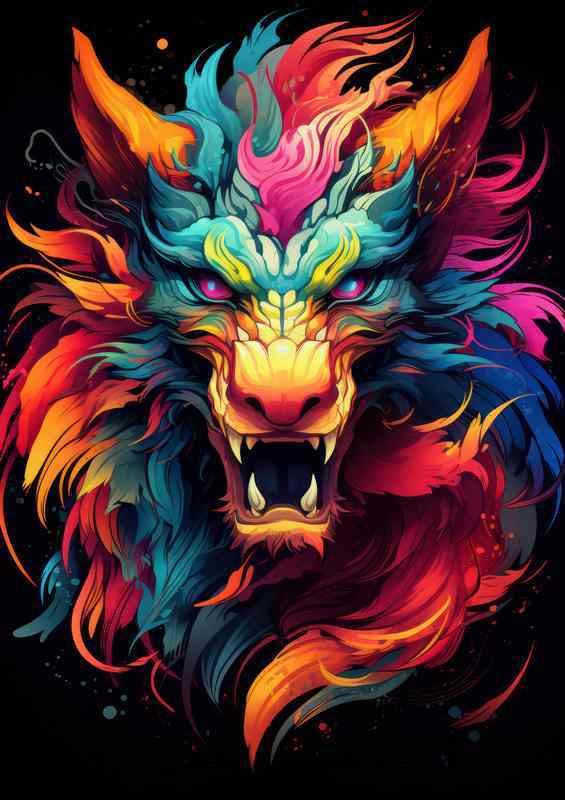 Colorful dragon head on black background | Poster