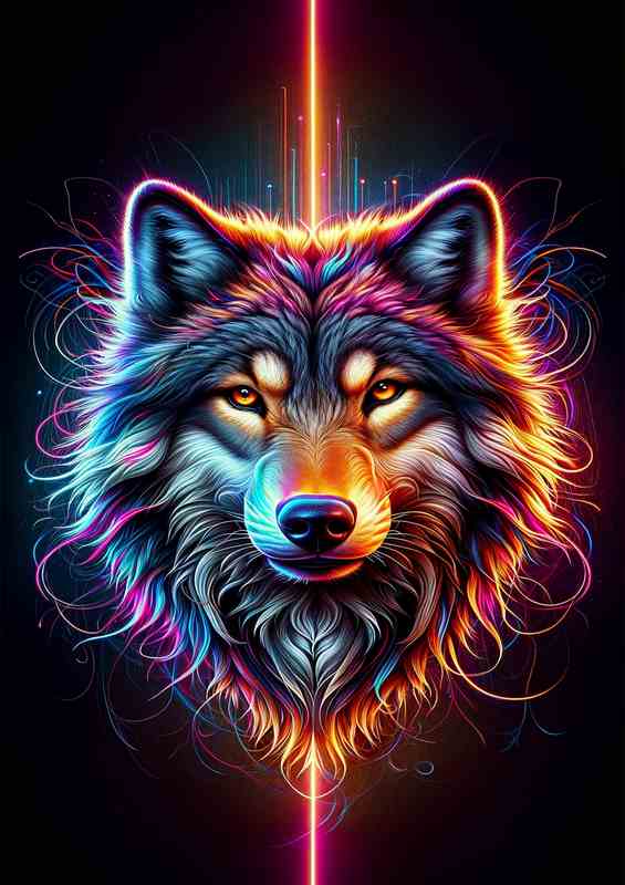 A detail noble wolfs head in neon digital art style | Poster