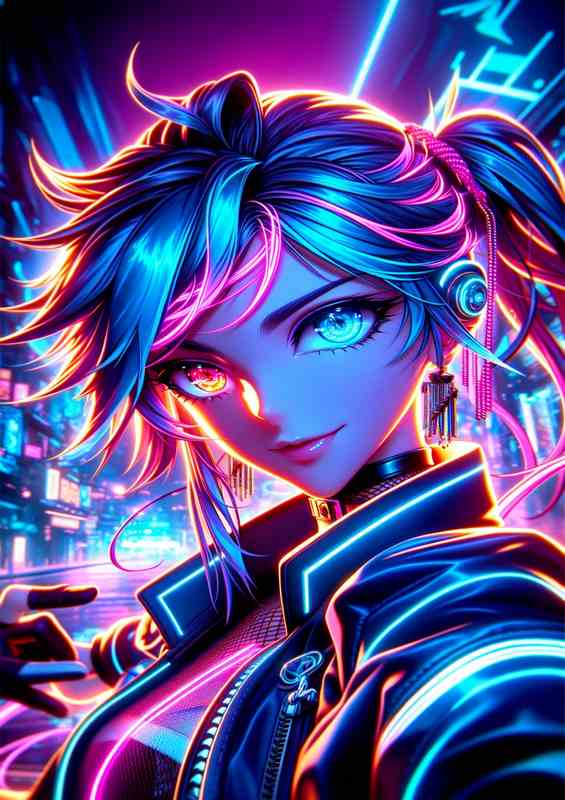 A dynamic anime character glowing with vibrant neon colors | Poster