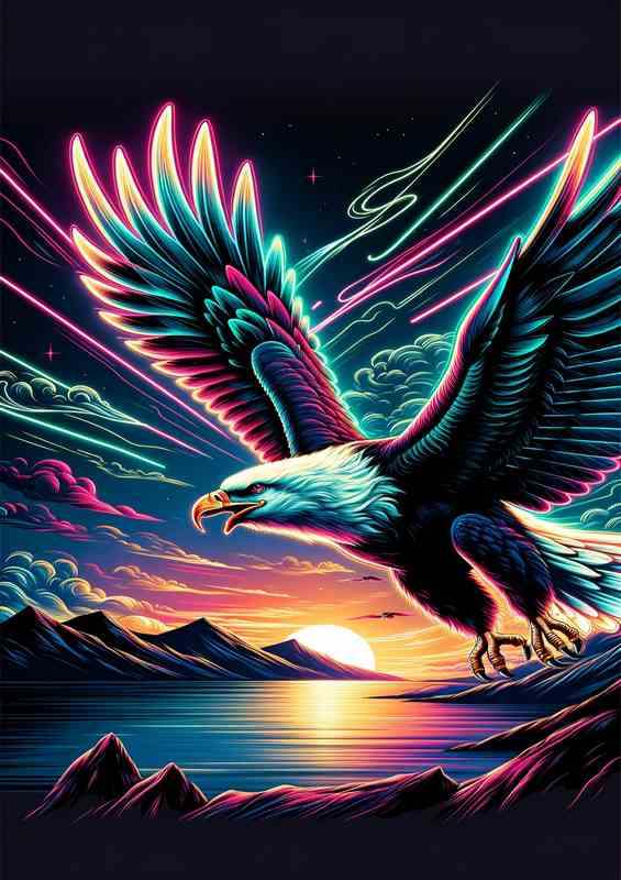 A eagle soaring in the sky portrayed in a neon art style | Di-Bond