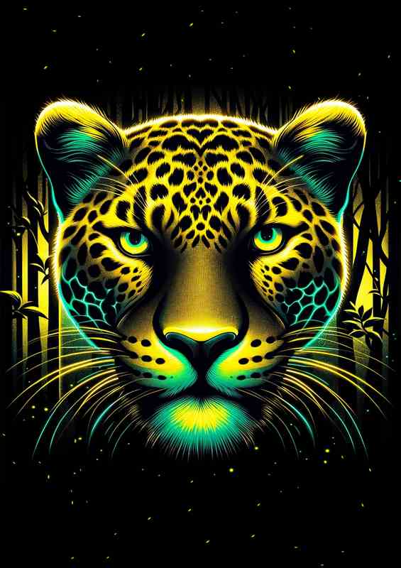 A fierce leopards head with neon yellow and black tones | Canvas