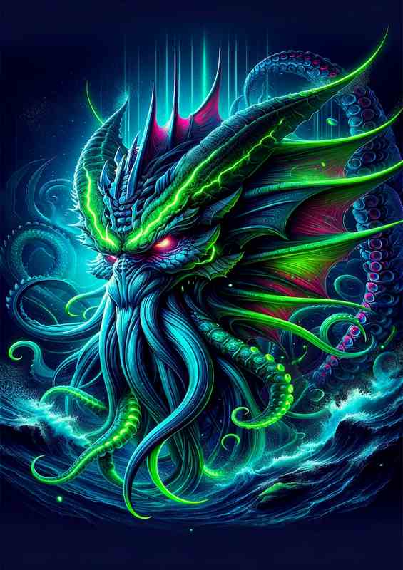 A kraken head with striking neon colors against a deep sea | Di-Bond