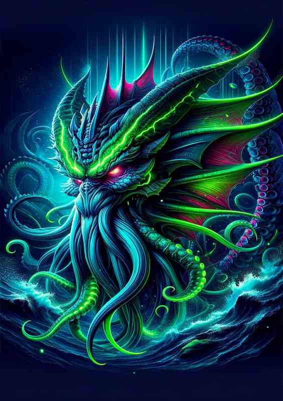 A kraken head with striking neon colors against a deep sea | Poster