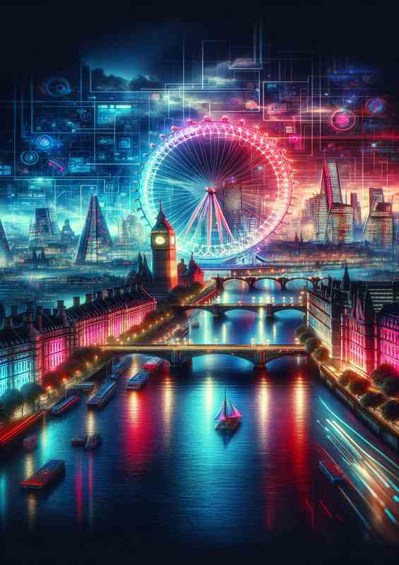 A magnificent London skyline aglow with radiant neon colors | Poster