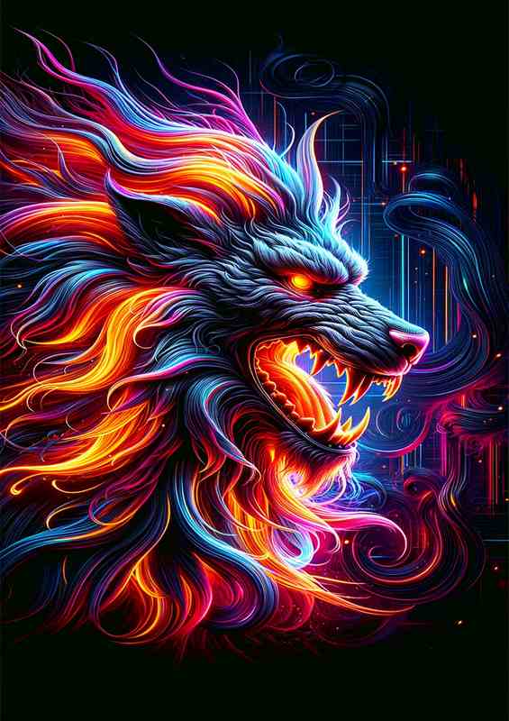 A magnificent cerberus head enhanced with vivid neon colors | Canvas