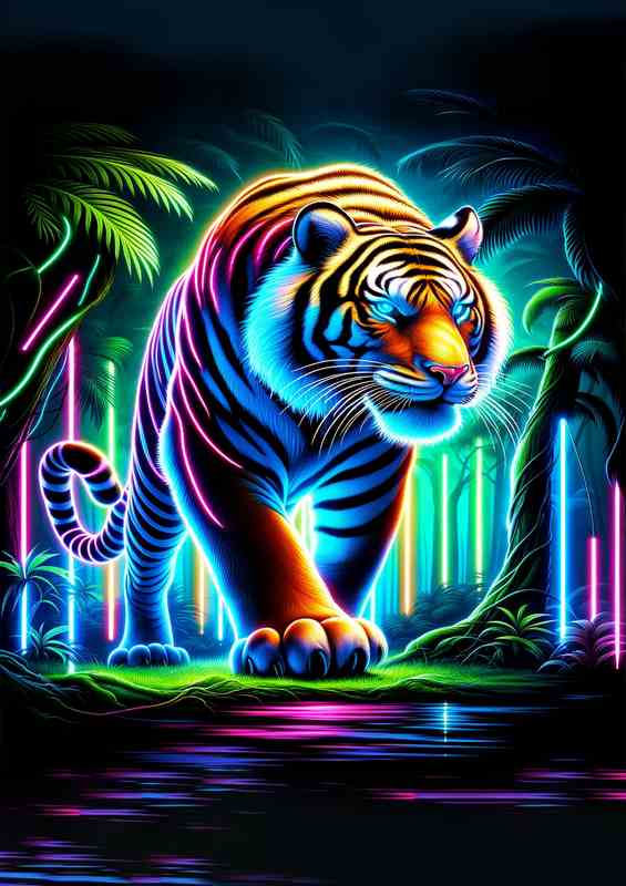 A magnificent tiger prowling through a neon lit jungle | Canvas