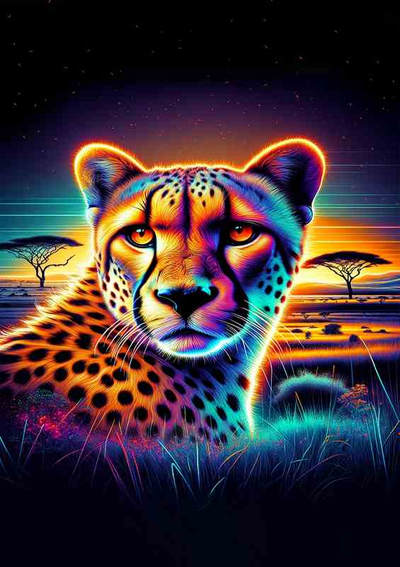 A majestic cheetahs head in neon art style African savanna | Poster
