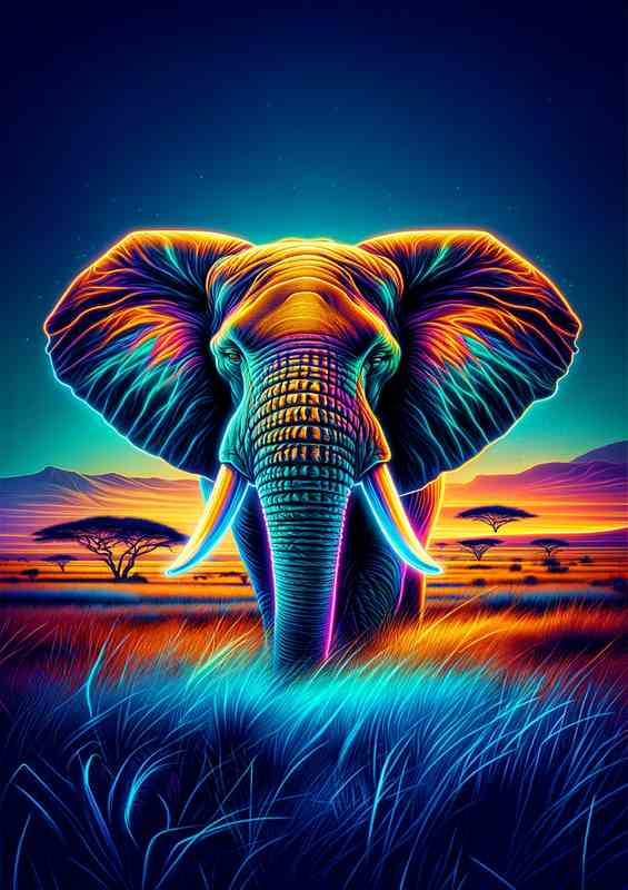 A majestic elephants head in neon digital art style | Poster