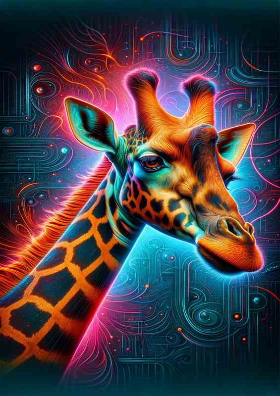 A majestic giraffes head in neon digital art style | Poster