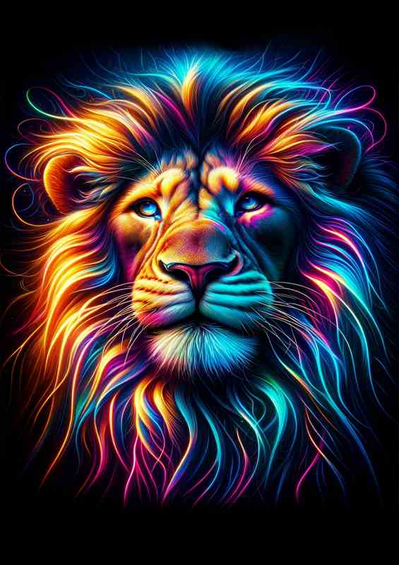 A majestic lions head illuminated by vibrant neon colors | Poster