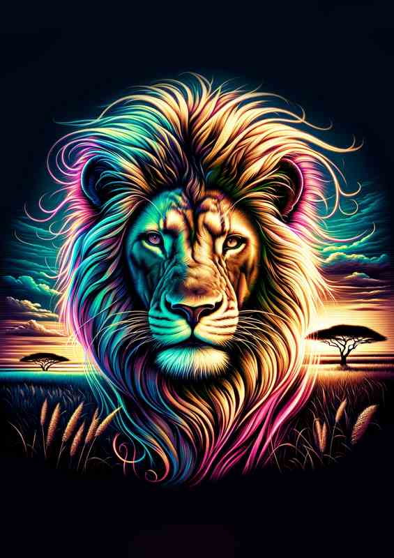 A majestic lions head in neon digital art | Canvas