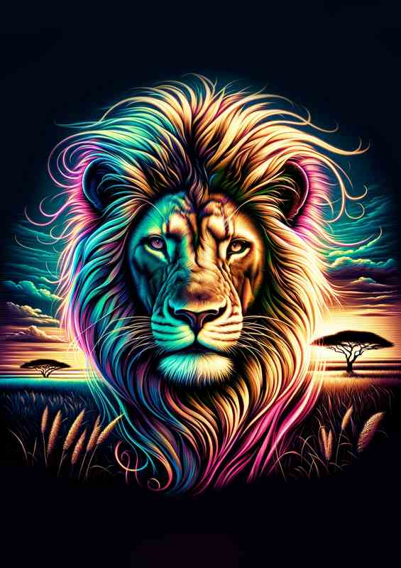 A majestic lions head in neon digital art | Poster