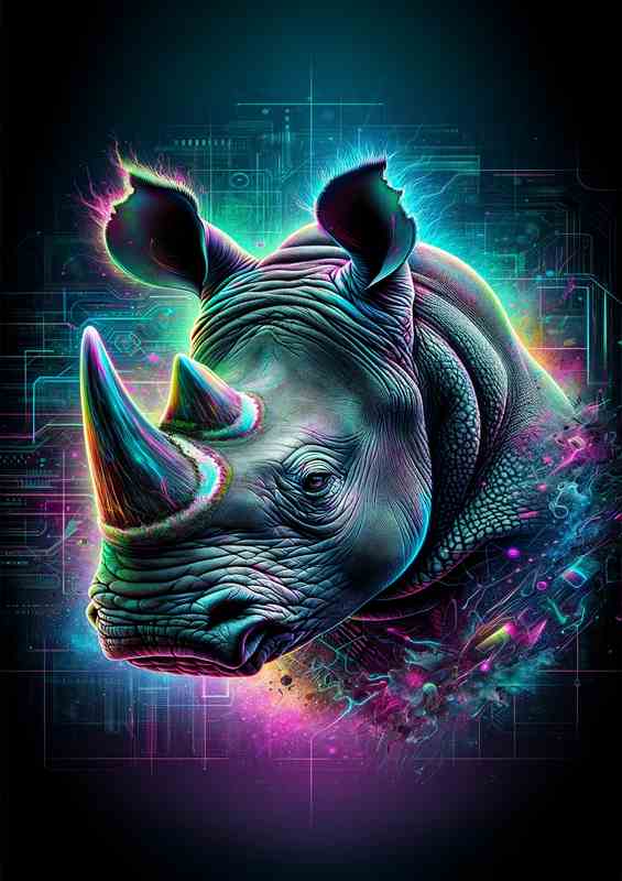 Neon Rhino Head - Digital Art, Rugged Strength | Canvas