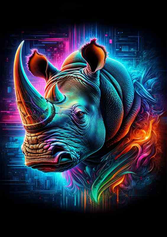 A majestic rhinoceross head in neon digital art style | Di-Bond