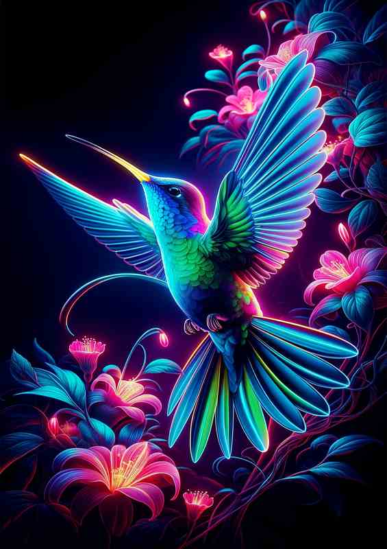 Hummingbird Neon Art Metal Poster