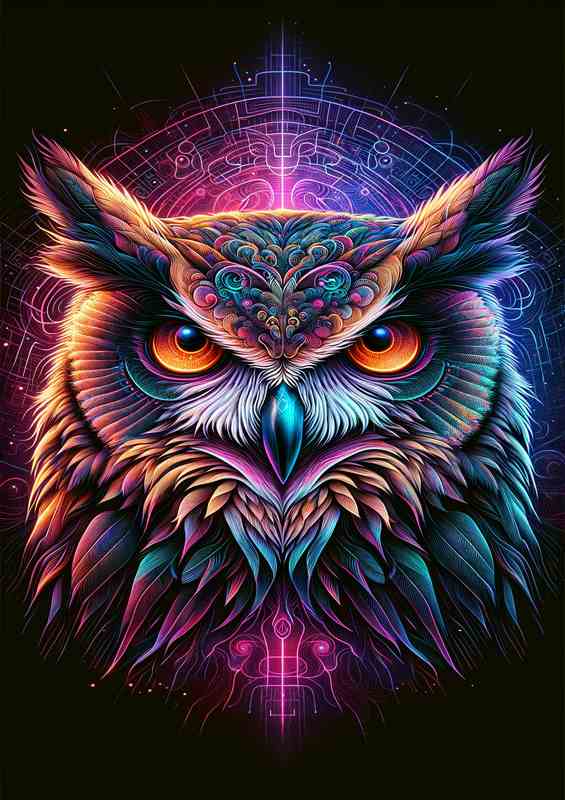 A mysterious owls head in neon digital art style | Poster