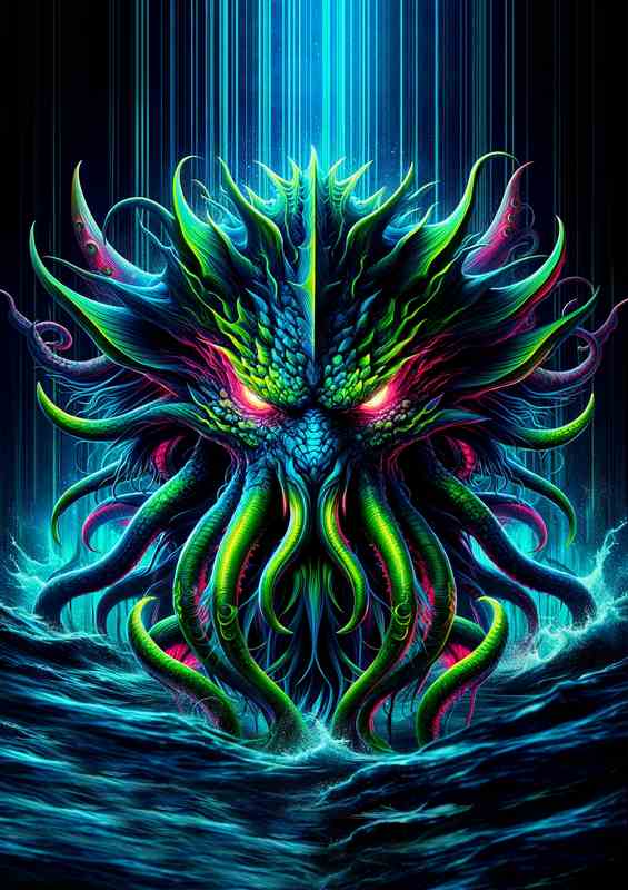 A mythical kraken head illuminated with striking neon colors | Poster