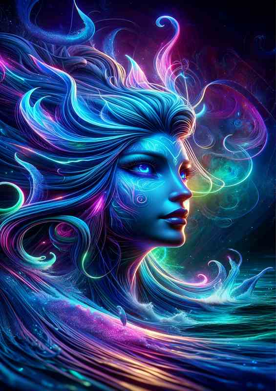 A mythical siren head glowing with surreal neon colors | Poster