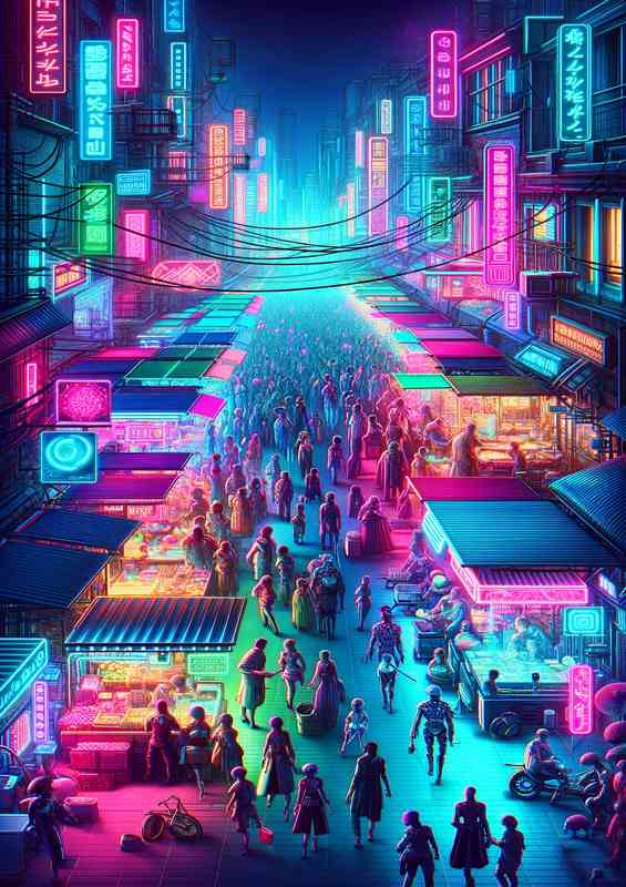 A neon lit cyberpunk marketplace bustling with activity | Di-Bond